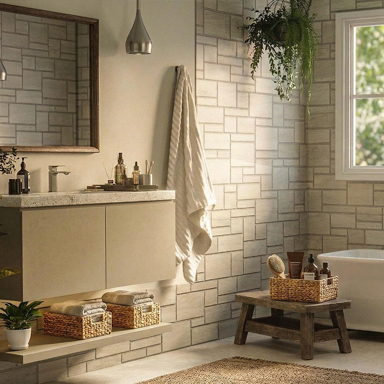 Bathroom interior with tiled walls, a bathtub, and various bathroom items.
