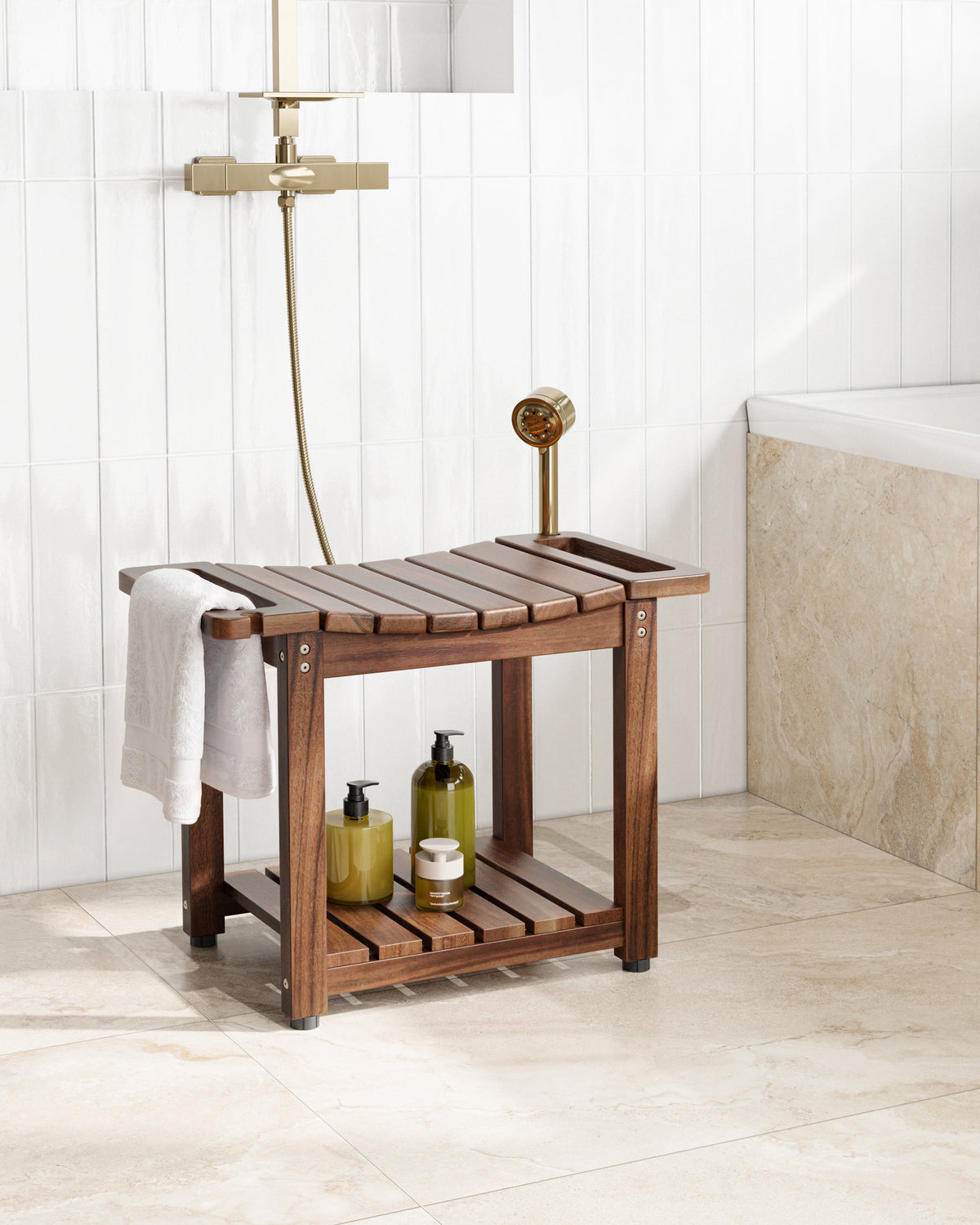 Wooden shower bench with shelves in a bathroom setting