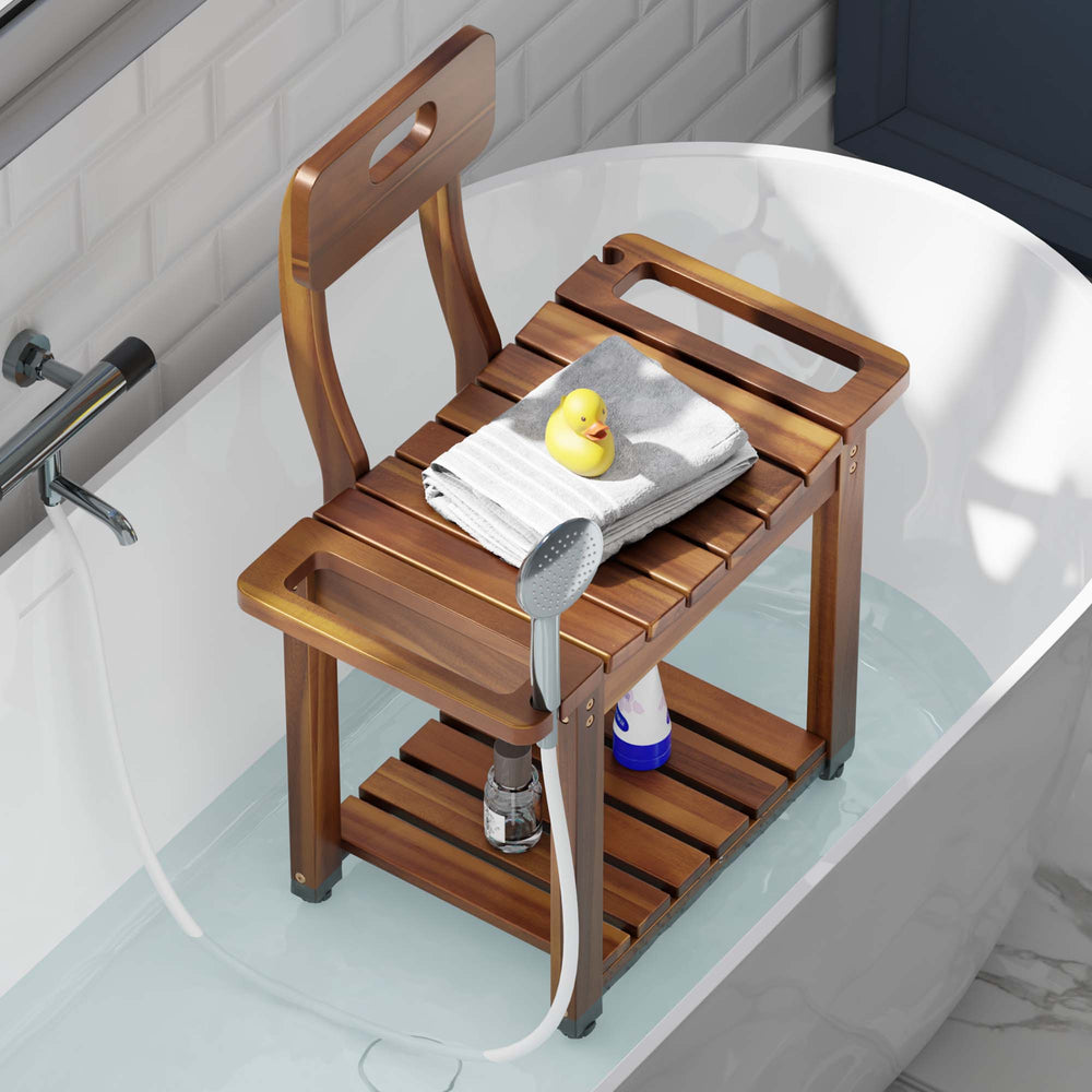 Wooden bathtub seat with shelves inside a bathtub, featuring a rubber duck and a book.