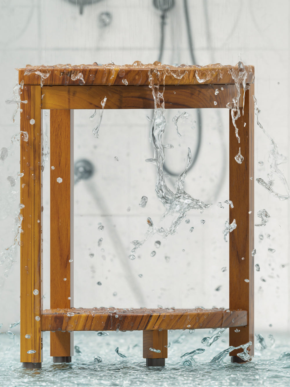 Wooden frame with water splashes against a shower background