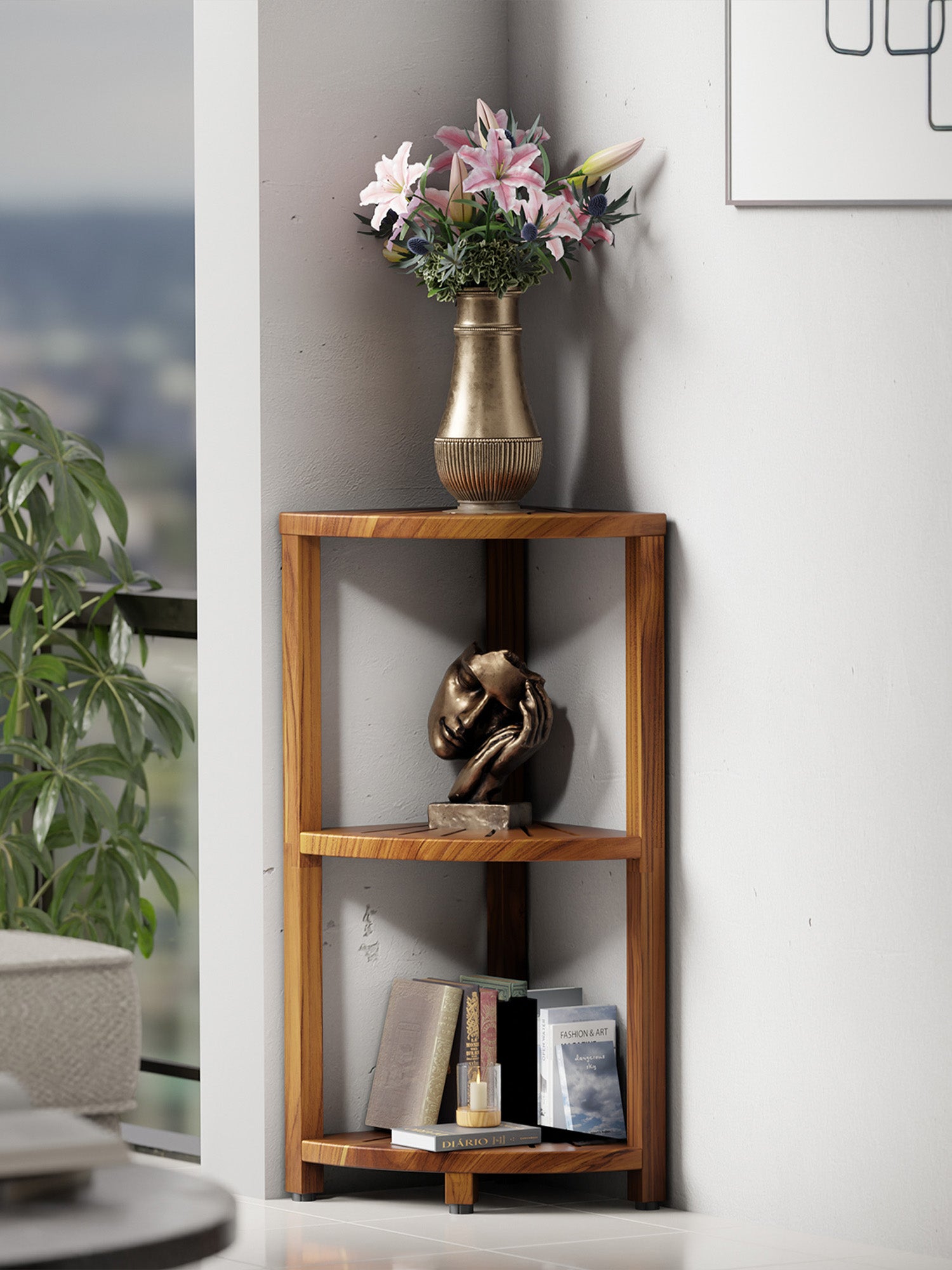 Wooden shelf with decorative items including a vase with flowers and books, against a neutral wall.