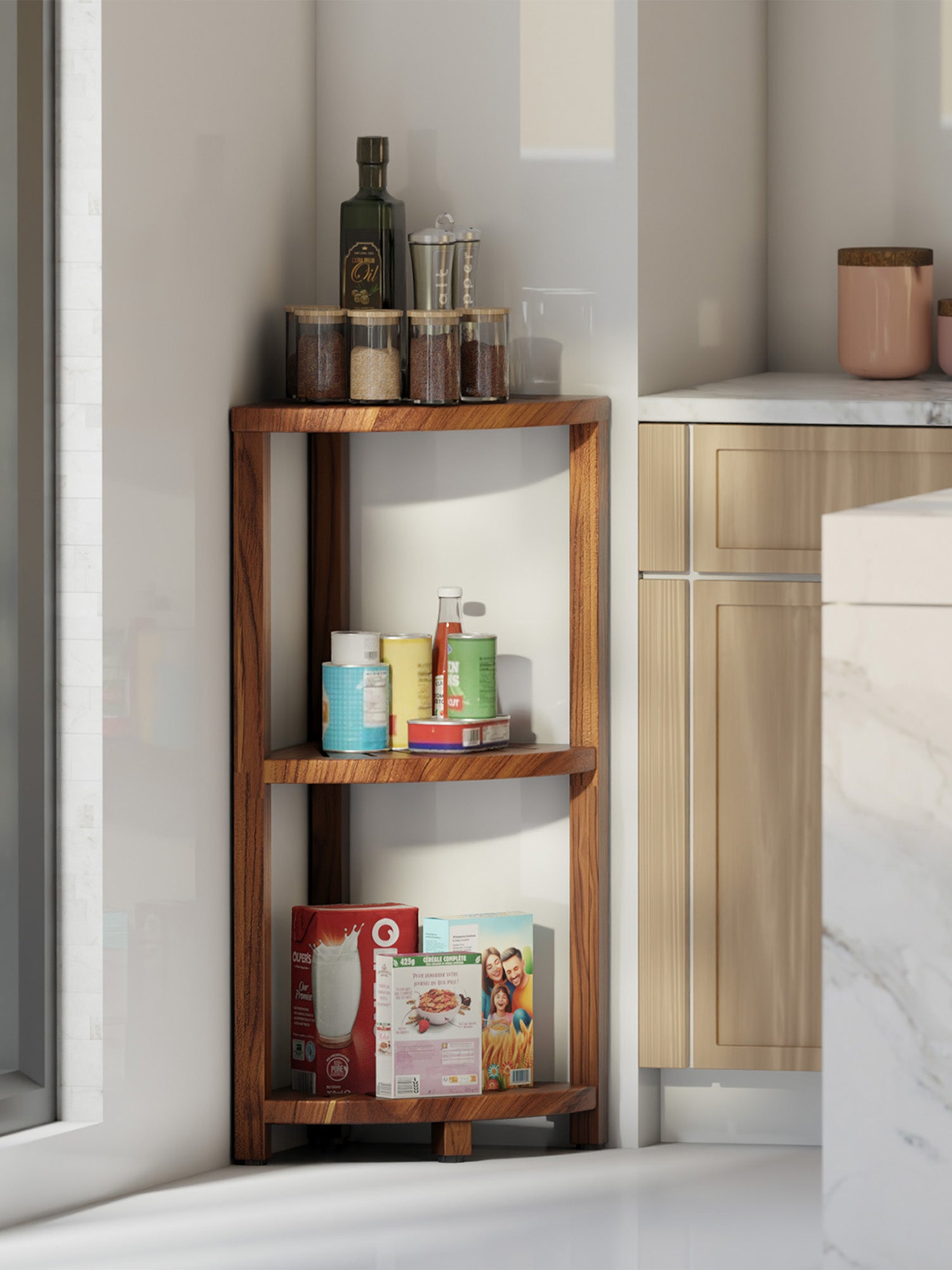 Wooden corner shelf with kitchen items against a neutral wall.