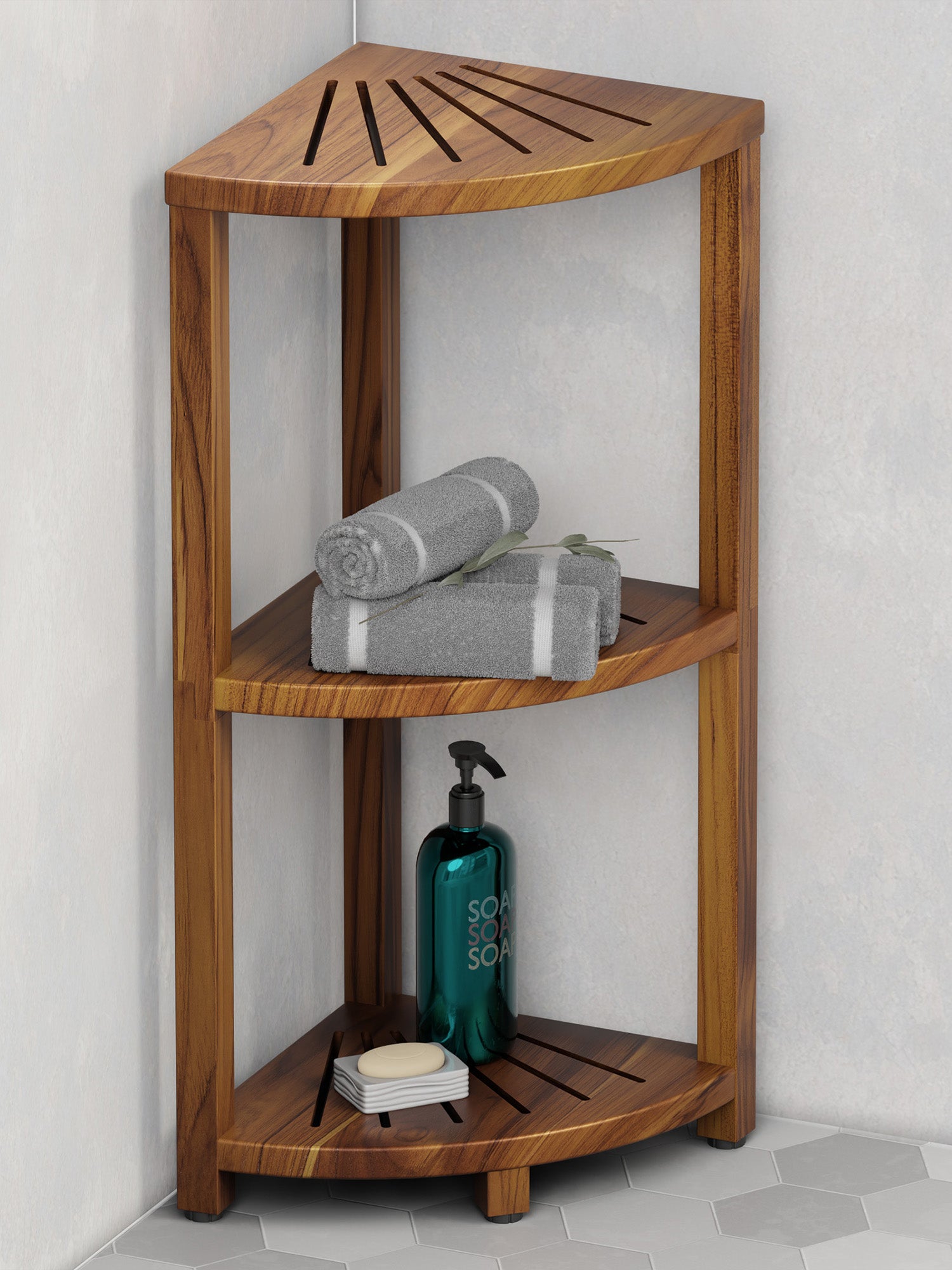Wooden corner shower caddy with towels and soap on a gray tiled floor.