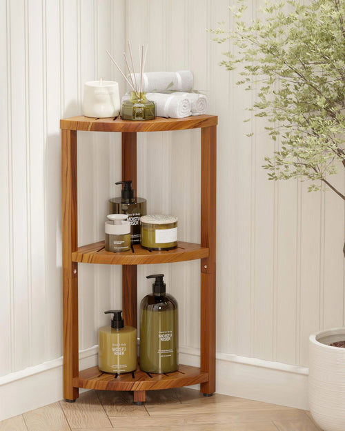 Wooden corner shelf with bathroom products against a neutral wall.