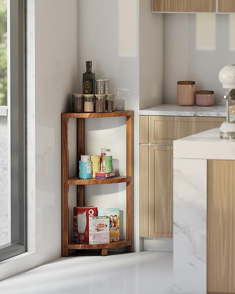 Wooden shelf with items in a kitchen setting