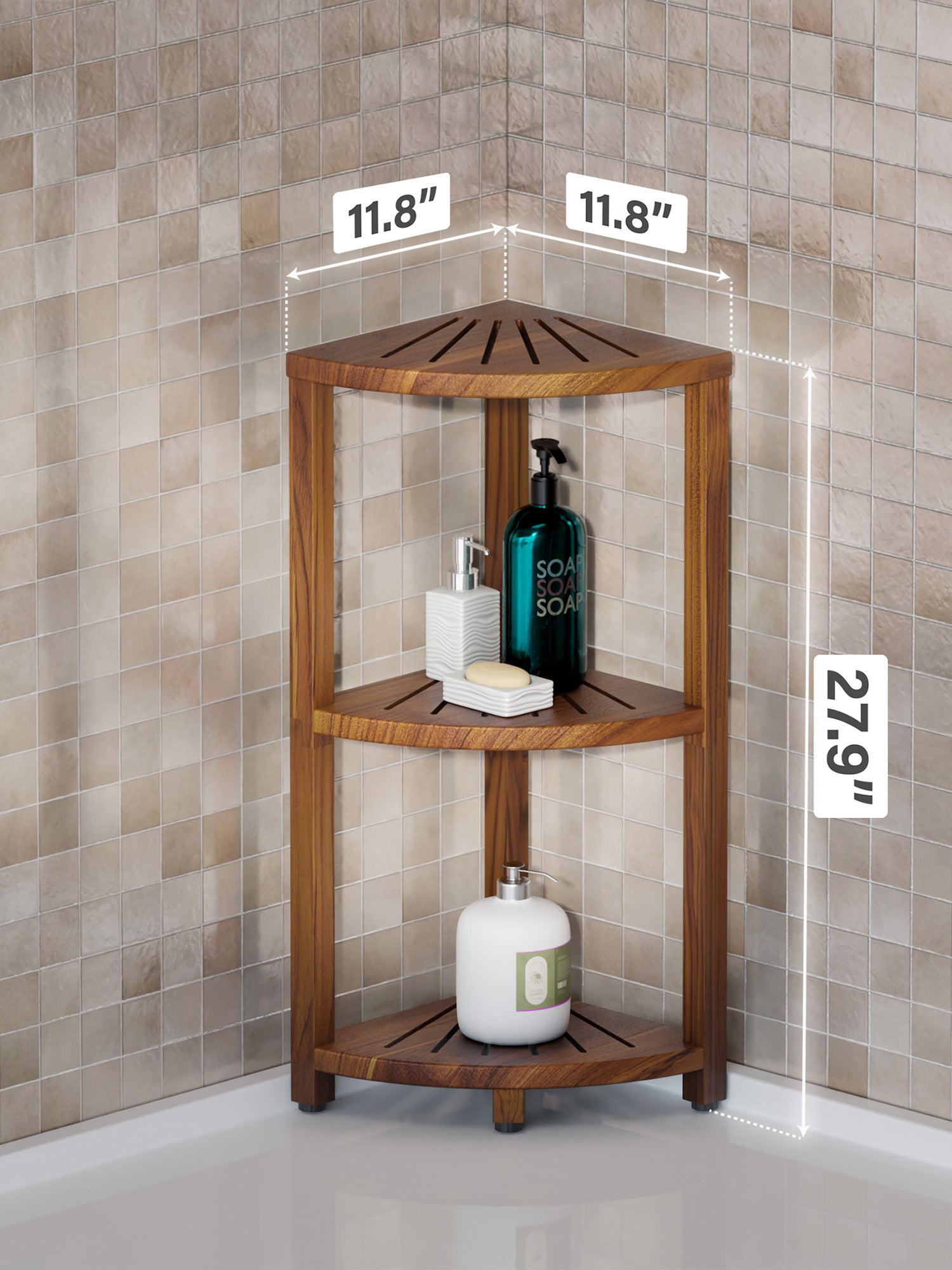 Wooden corner shower caddy with measurements against a tiled wall