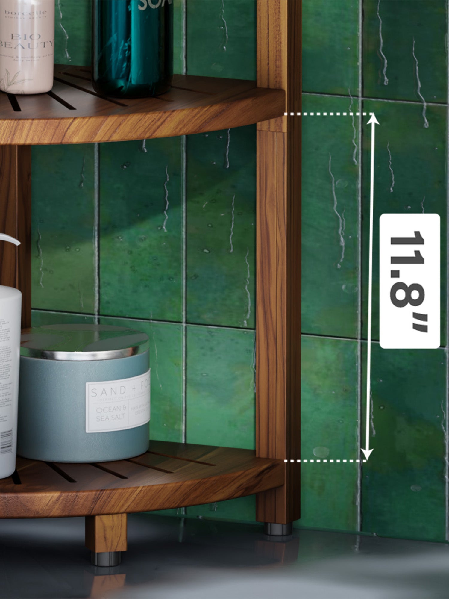Wooden shelf against a green tiled wall with a measurement label indicating 11.8 inches.