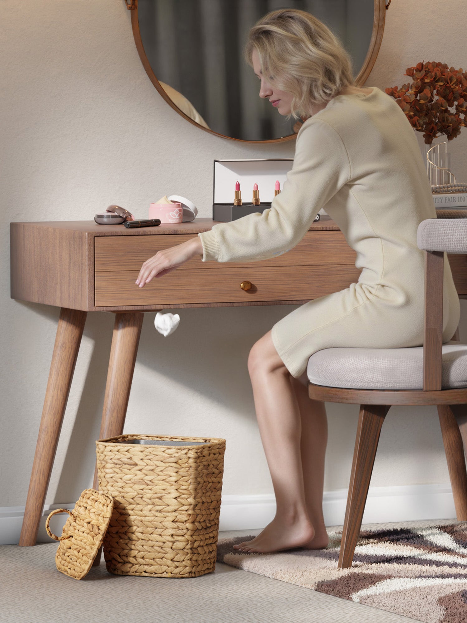 Woman sitting at a wooden vanity table in a room with a basket and decorative items.