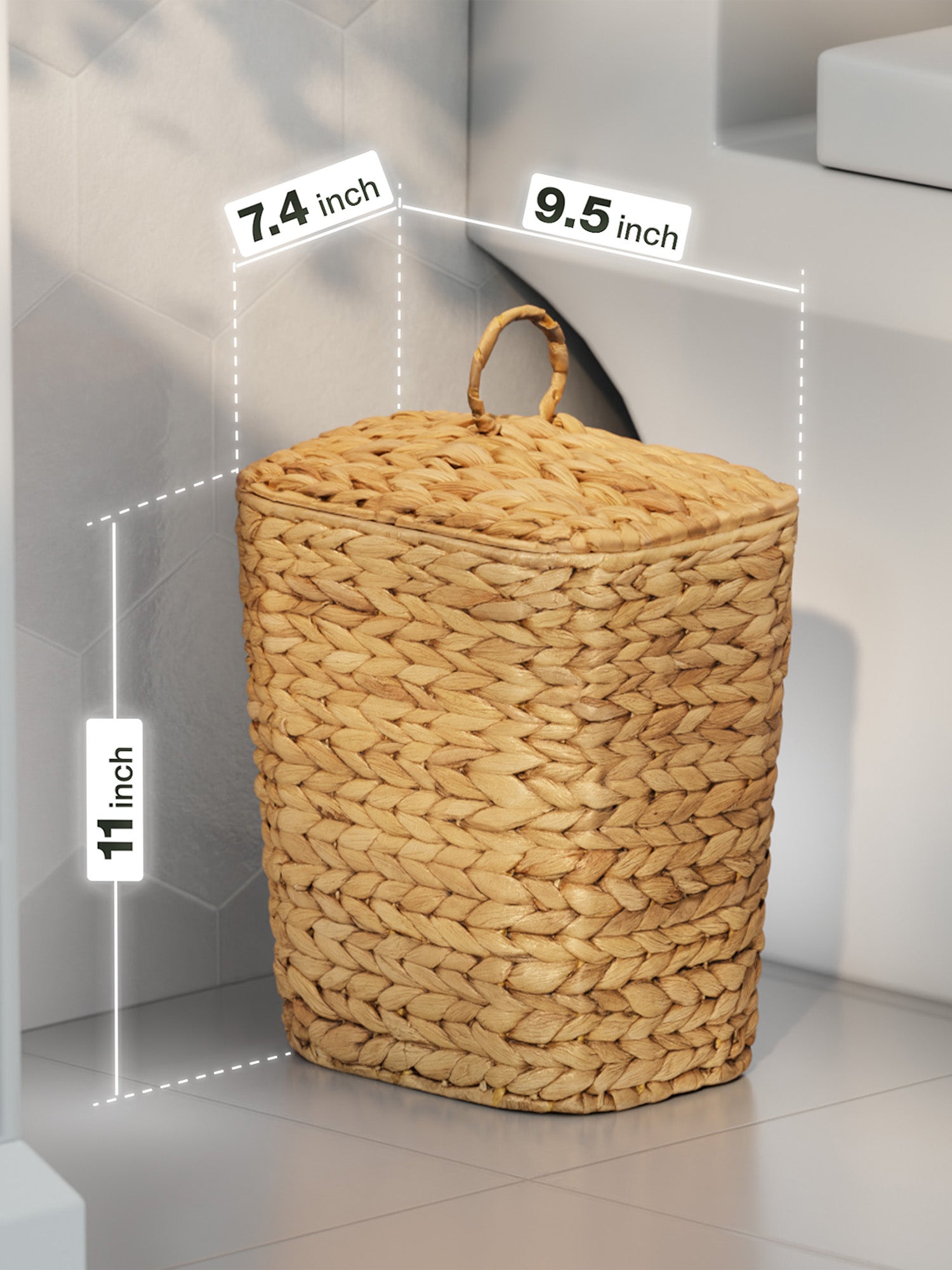 Woven laundry basket with dimensions labeled on a neutral background