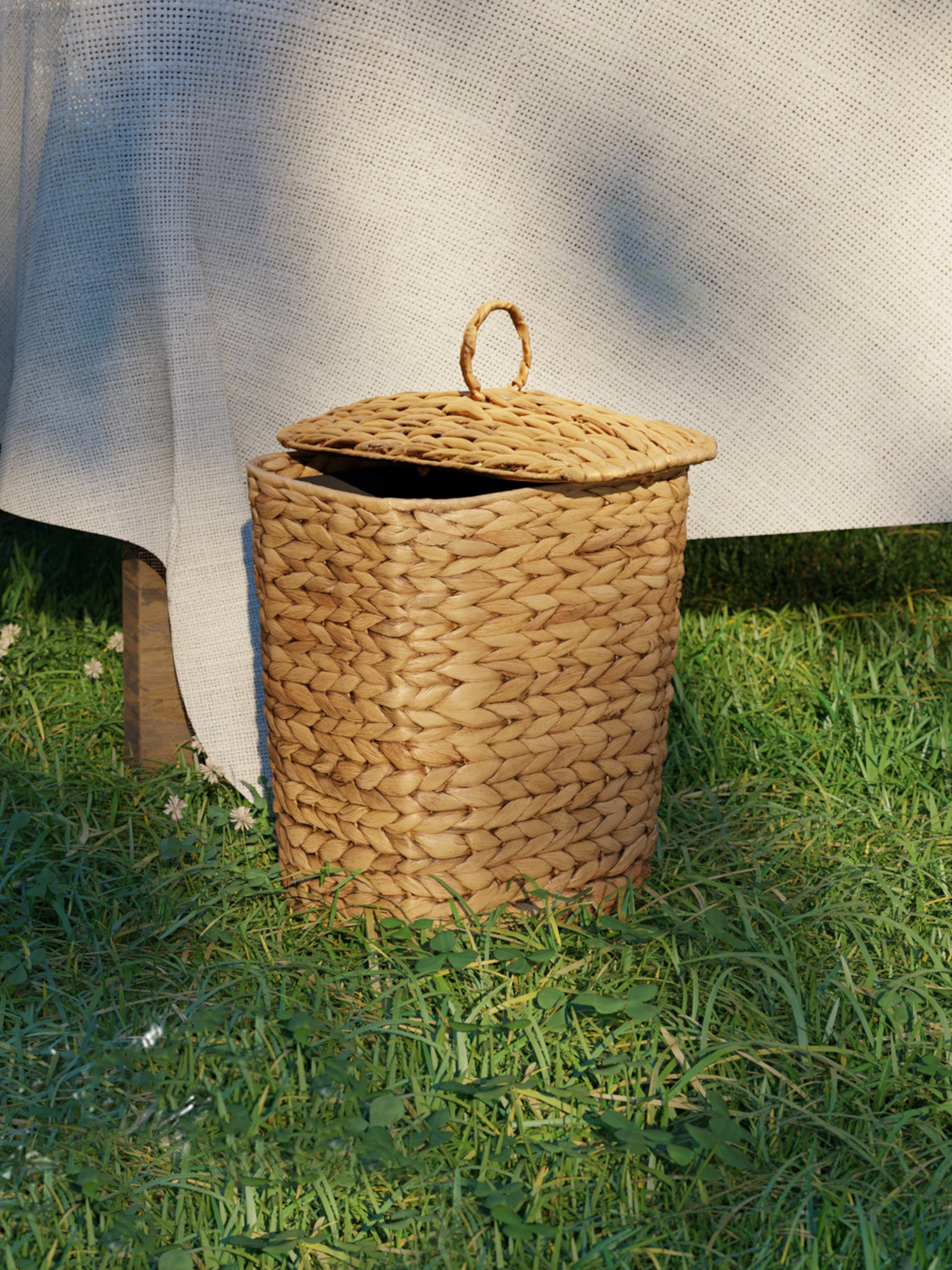 Woven basket with a lid on grass