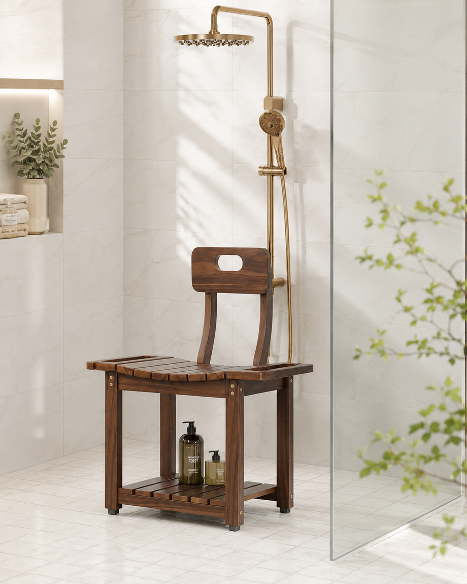 A rustic brown wooden shower bench with a slatted seat and backrest, featuring an integrated lower shelf. It is styled in a modern bathroom setting with a matching brass shower arm and head, set against light beige tiled walls and a glass shower screen.