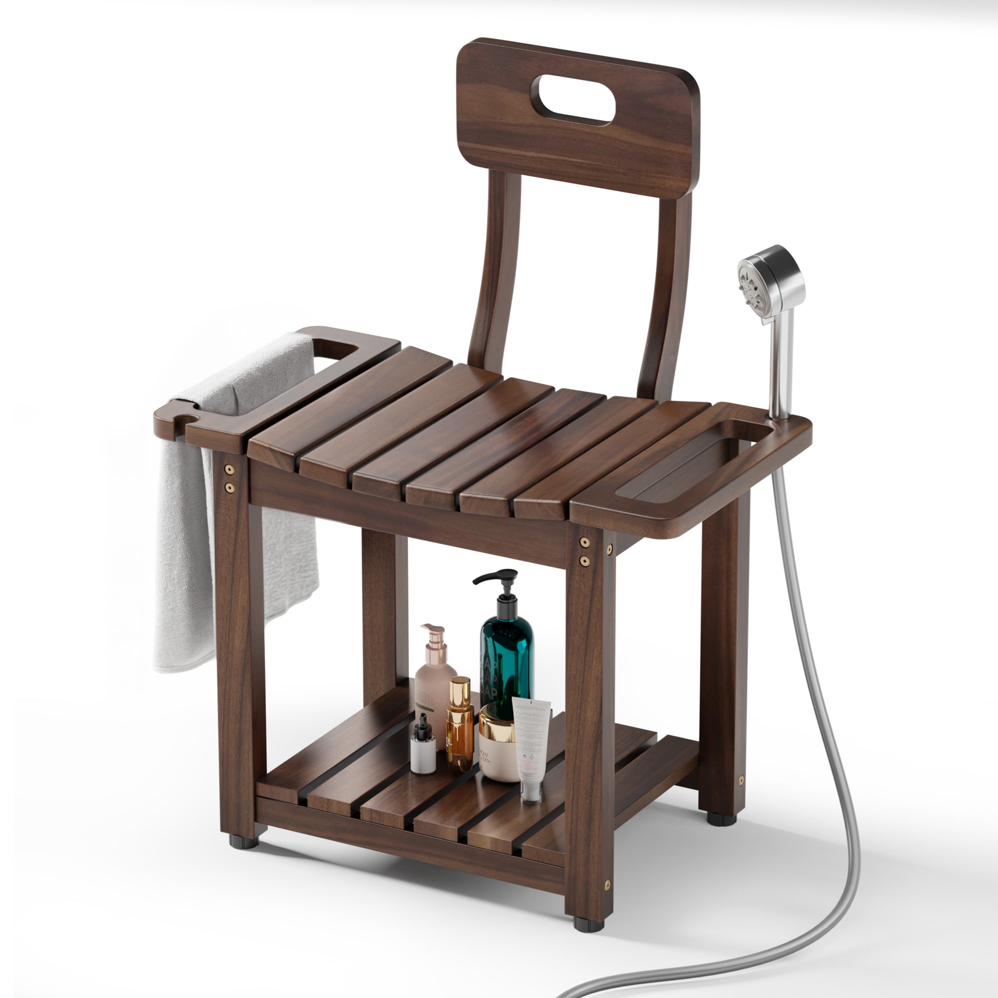 Wooden shower bench with a seat, backrest, and shelf on a white background
