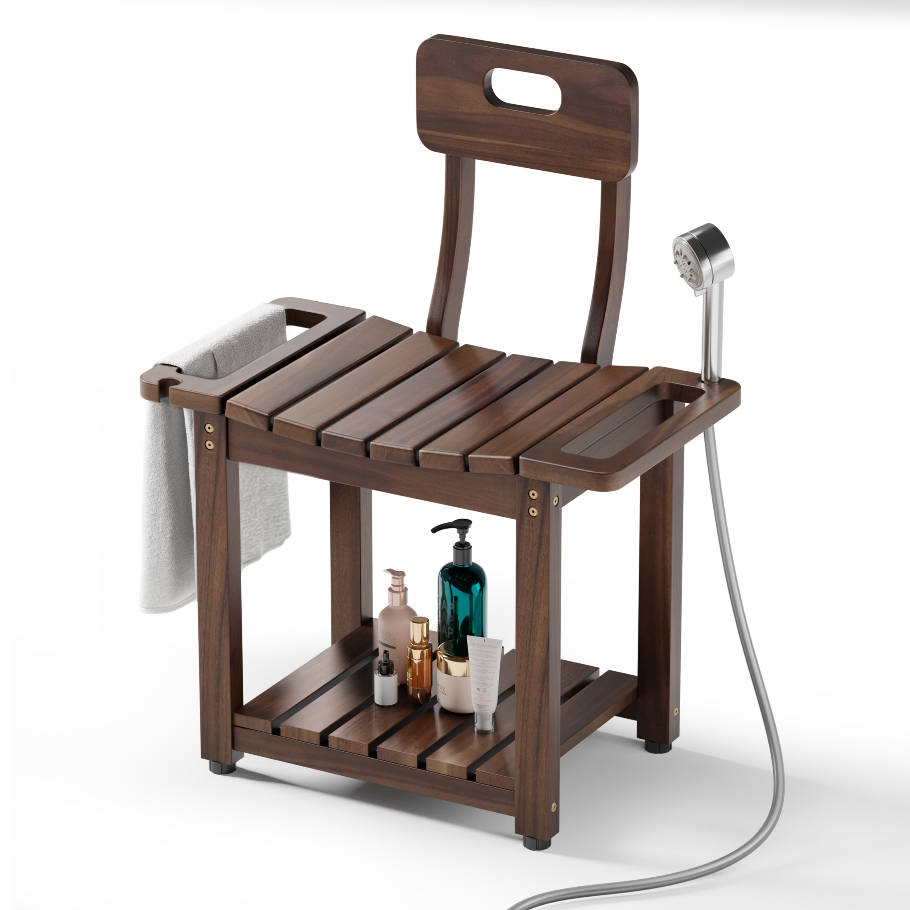 Wooden shower bench with a seat, backrest, and shelf on a white background