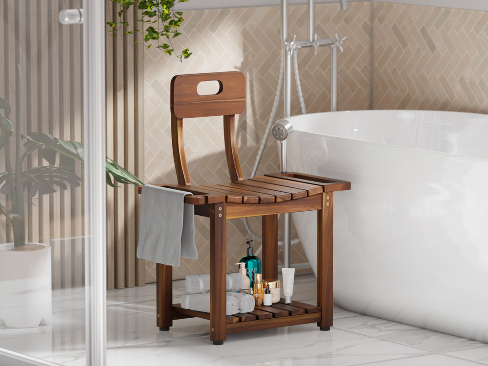 Wooden bath seat with a towel and toiletries in a bathroom setting