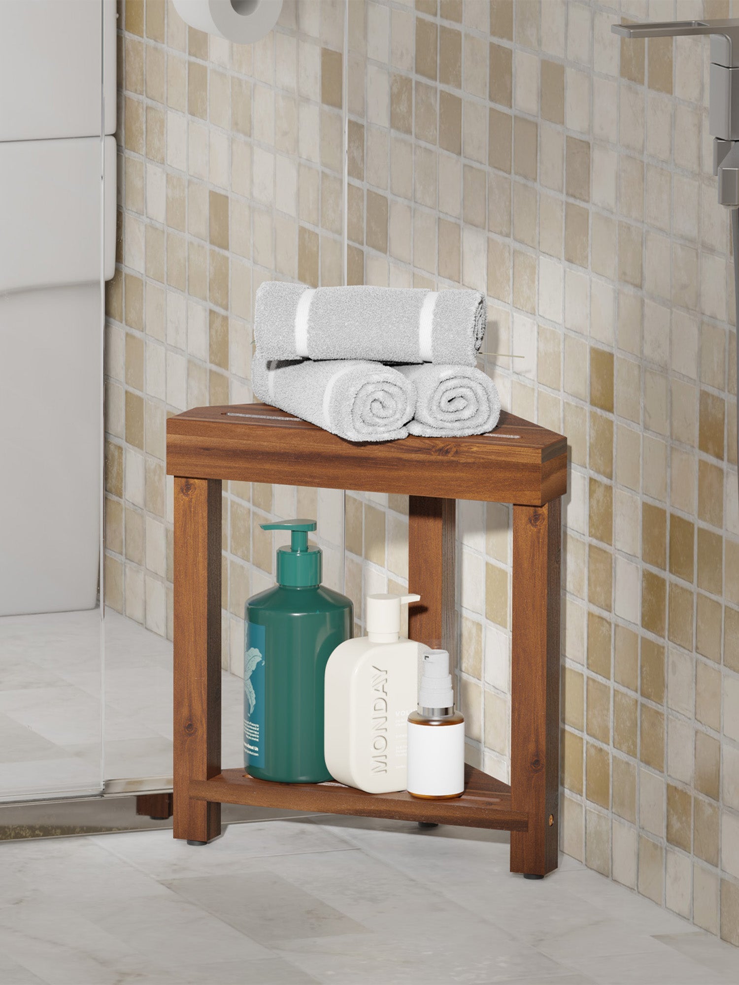 BLUEWEST 16.4" Shower Foot Rest, Corner Shower Stool - Walnut - Bluewest