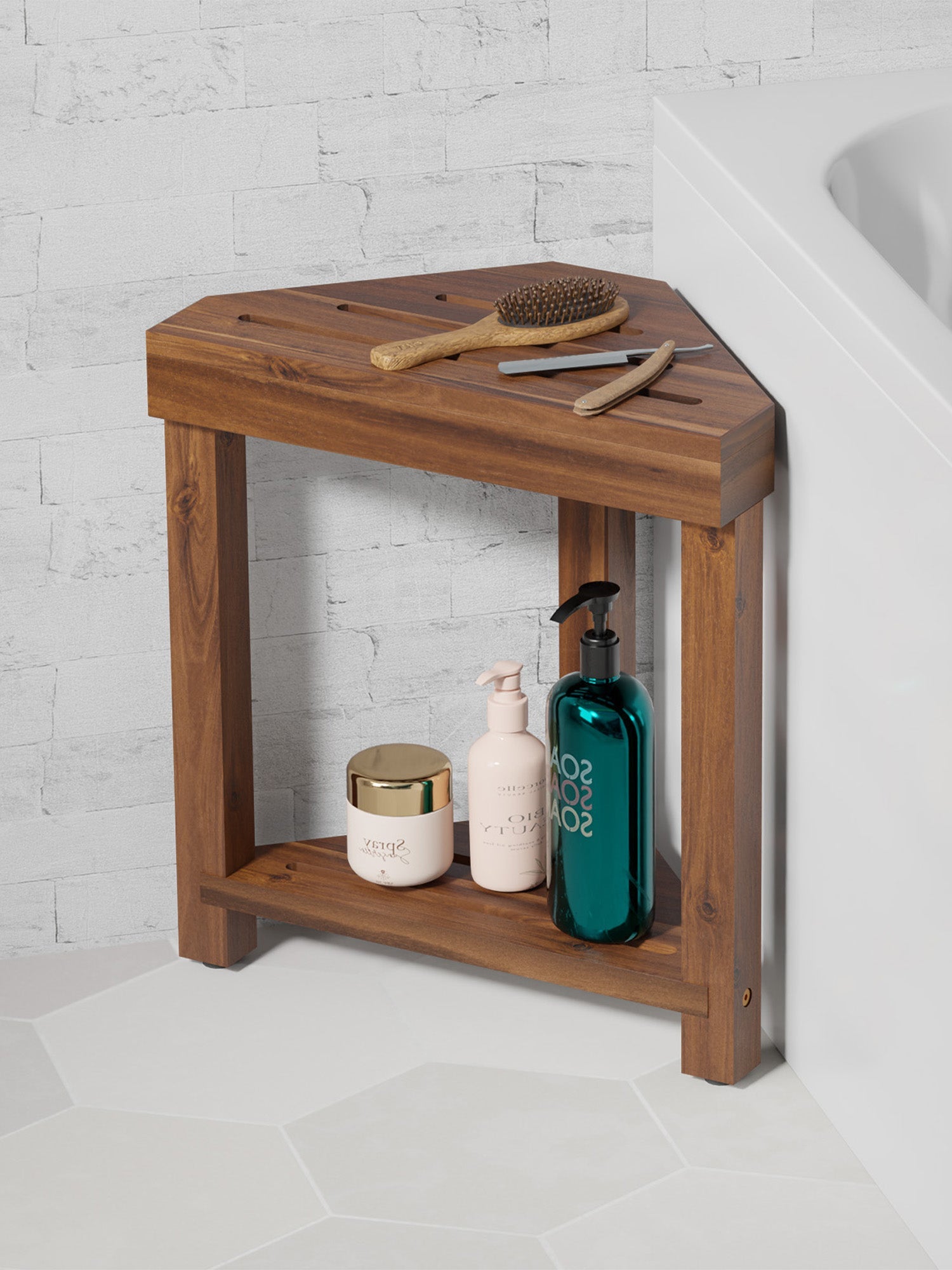 BLUEWEST 16.4" Shower Foot Rest, Corner Shower Stool - Walnut - Bluewest