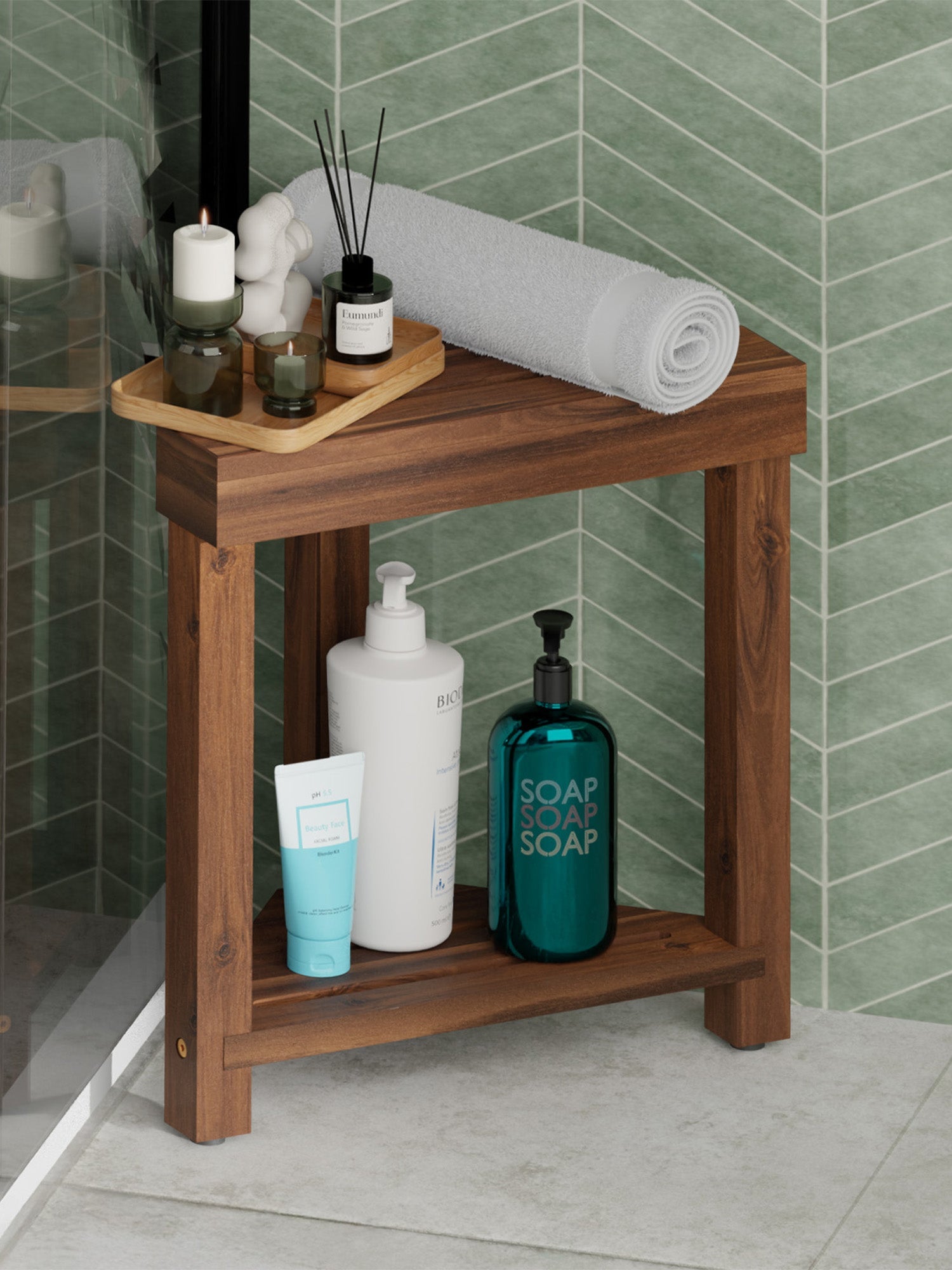 BLUEWEST 16.4" Shower Foot Rest, Corner Shower Stool - Walnut - Bluewest