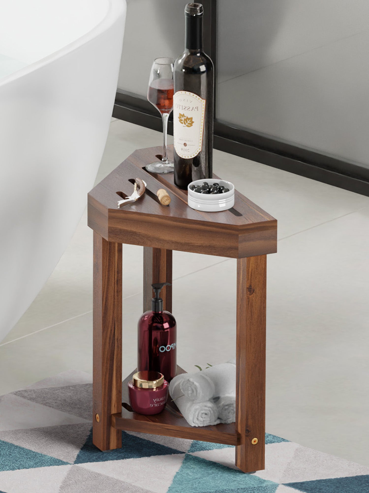 BLUEWEST 16.4" Shower Foot Rest, Corner Shower Stool - Walnut - Bluewest