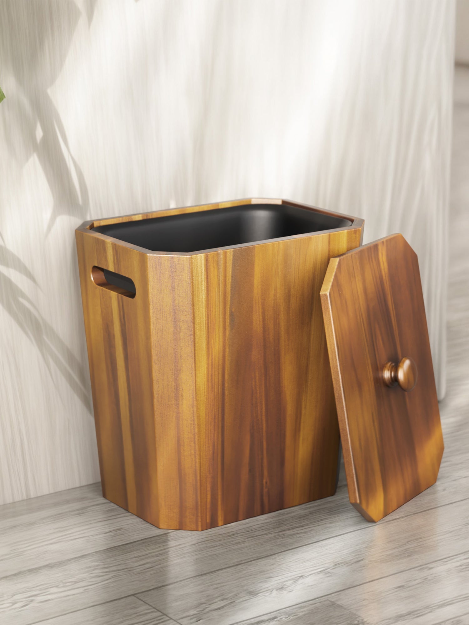 BLUEWEST 2.6 Gallons Acacia Wooden Wastebasket with Lid & PP Liner - Bluewest