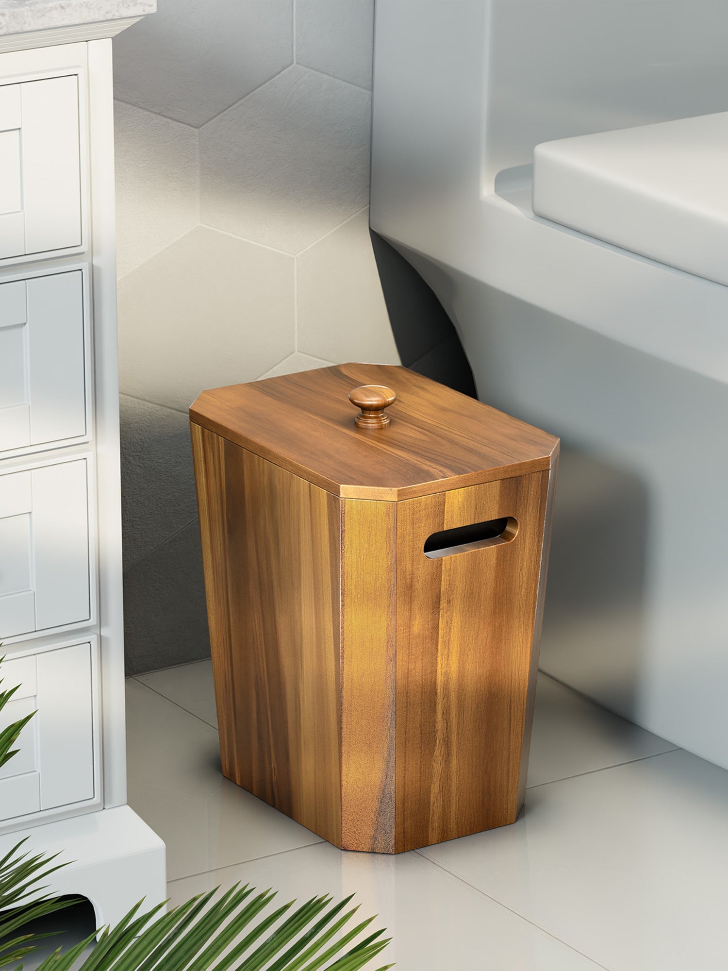 BLUEWEST 2.6 Gallons Acacia Wooden Wastebasket with Lid & PP Liner - Bluewest