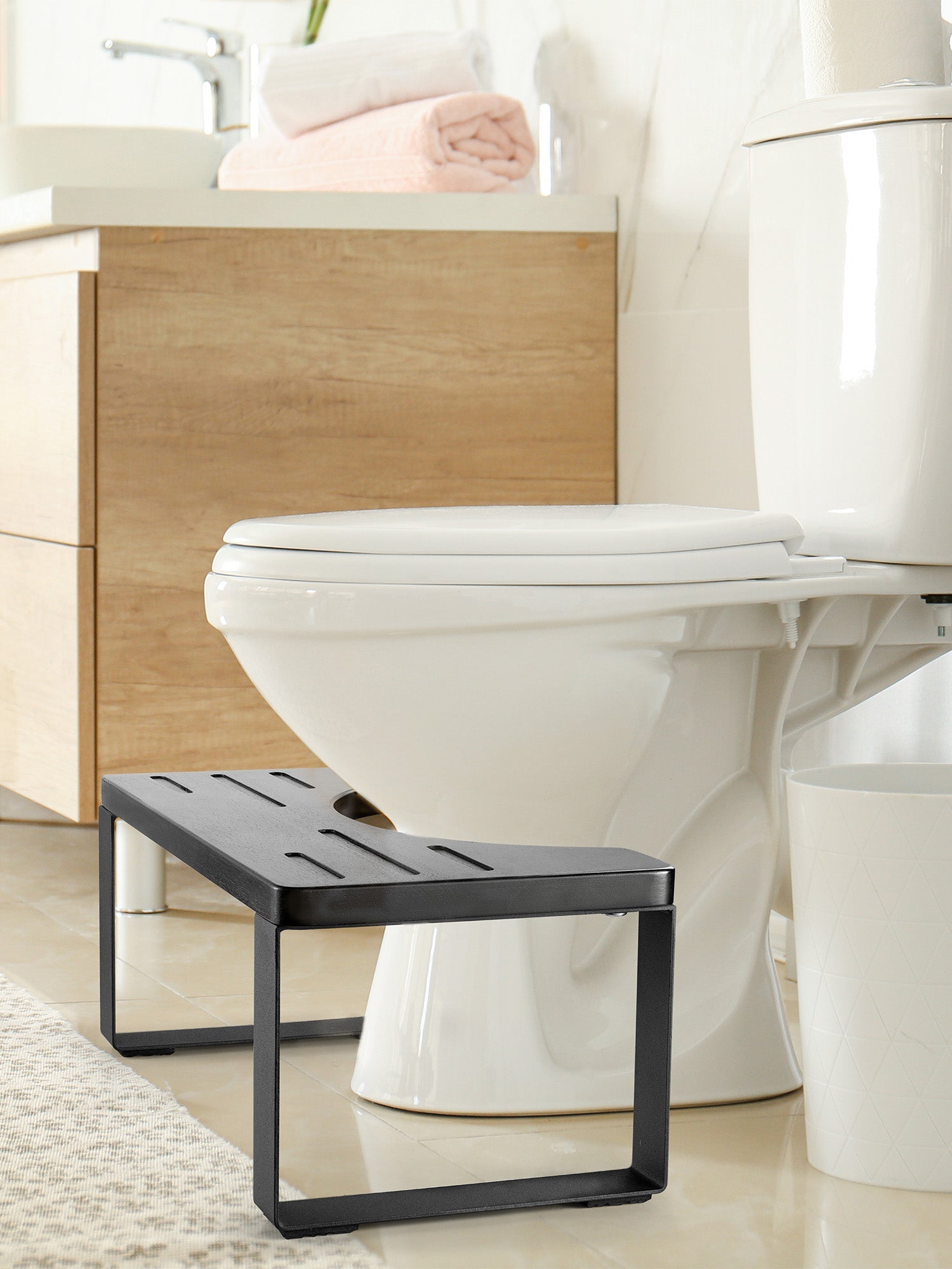 BLUEWEST Foldable Toilet Stool, 7 Inch Non - Slip Bathroom - Black Metal Legs - full black edition - Bluewest