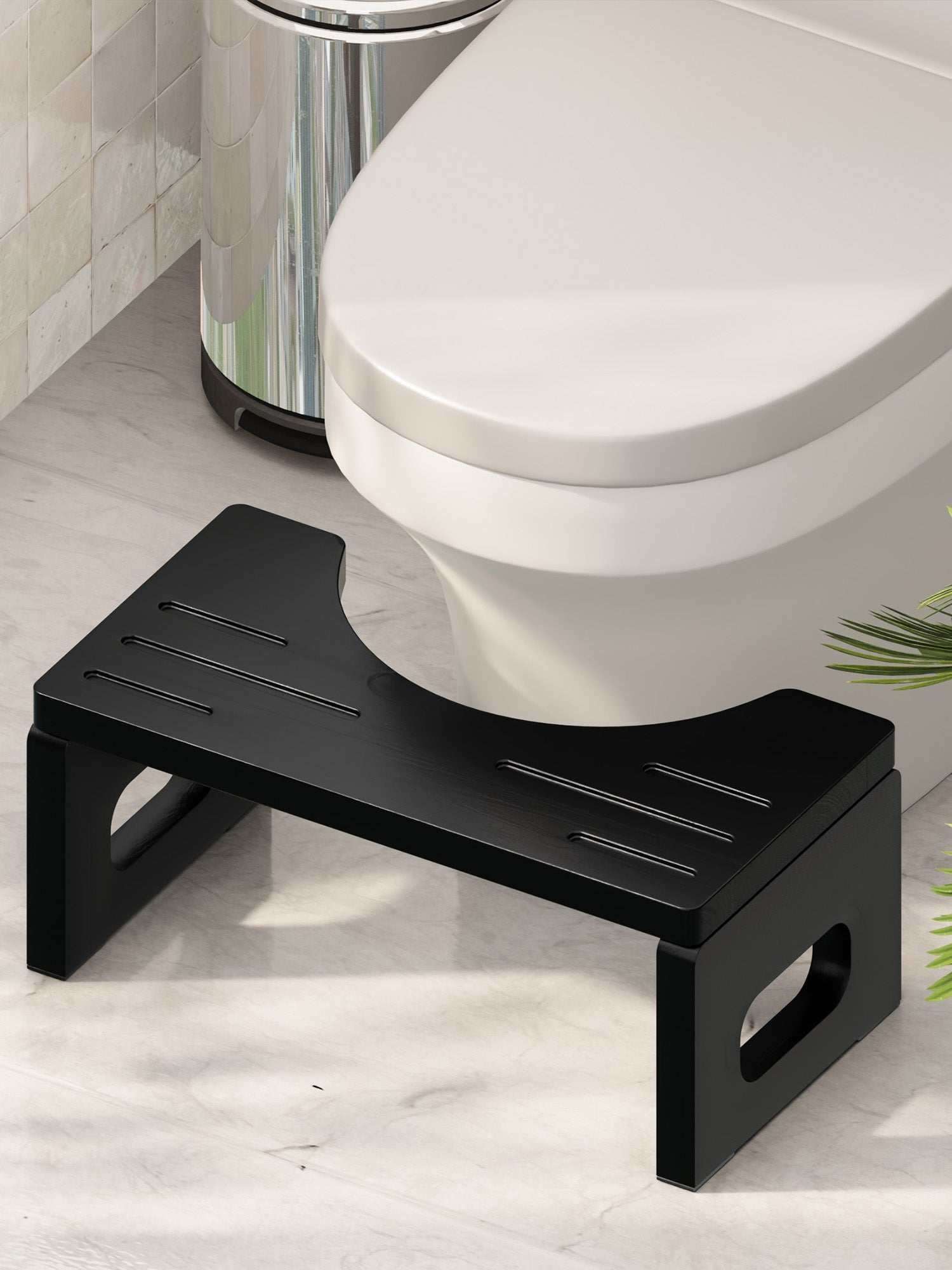 BLUEWEST Foldable Toilet Stool, Acacia Wood Poop Stool for Potty Training - Full Black - Bluewest