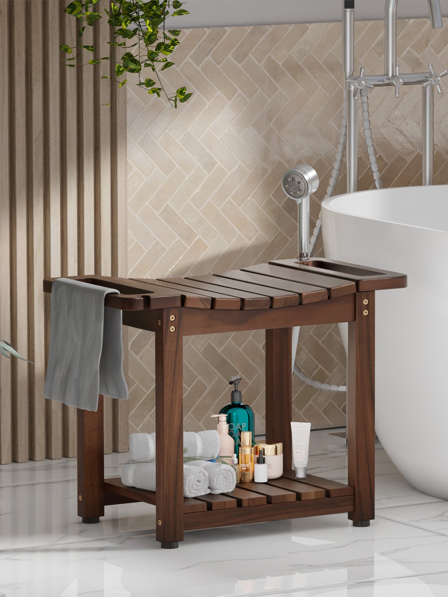 BLUEWEST Walnut Shower Bench Seat with Storage Shelf - Bluewest