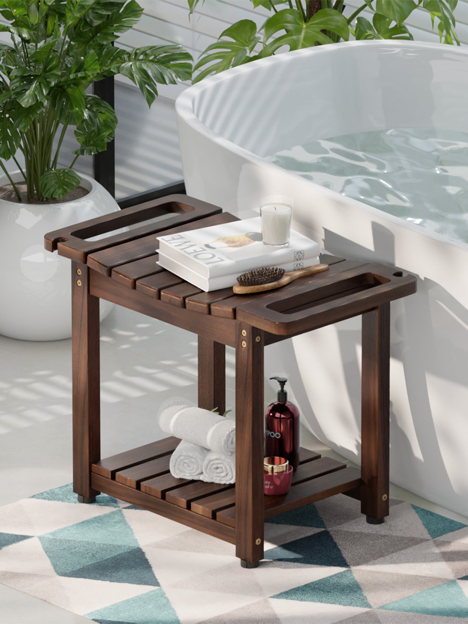 BLUEWEST Walnut Shower Bench Seat with Storage Shelf - Bluewest