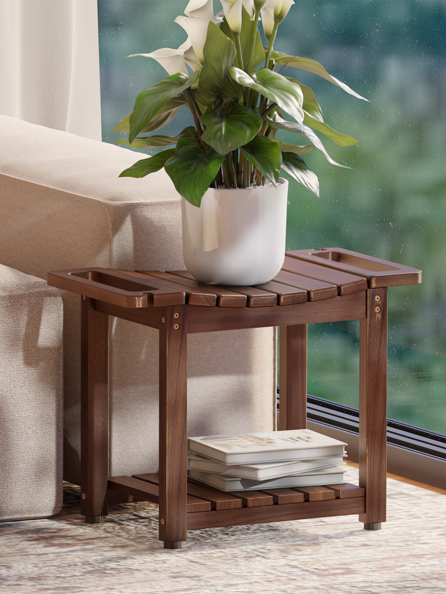 BLUEWEST Walnut Shower Bench Seat with Storage Shelf - Bluewest
