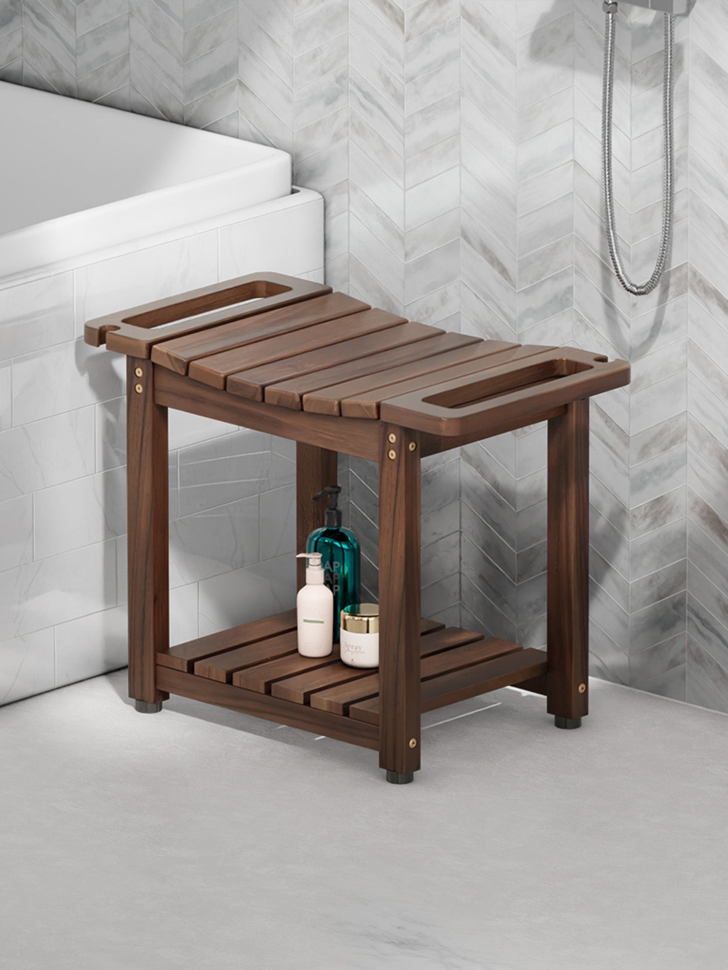 BLUEWEST Walnut Shower Bench Seat with Storage Shelf - Bluewest