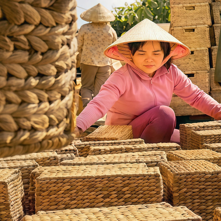 Child in pink outfit and straw hat working with woven materials in a rural setting